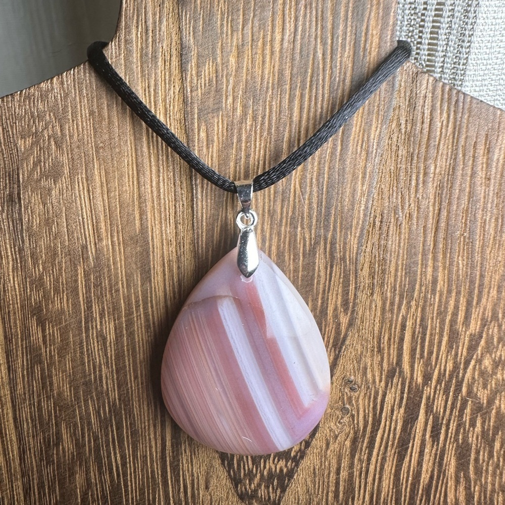 Pink Teardrop Agate Pendant Necklace with Black Cord - Picture 4 of 12